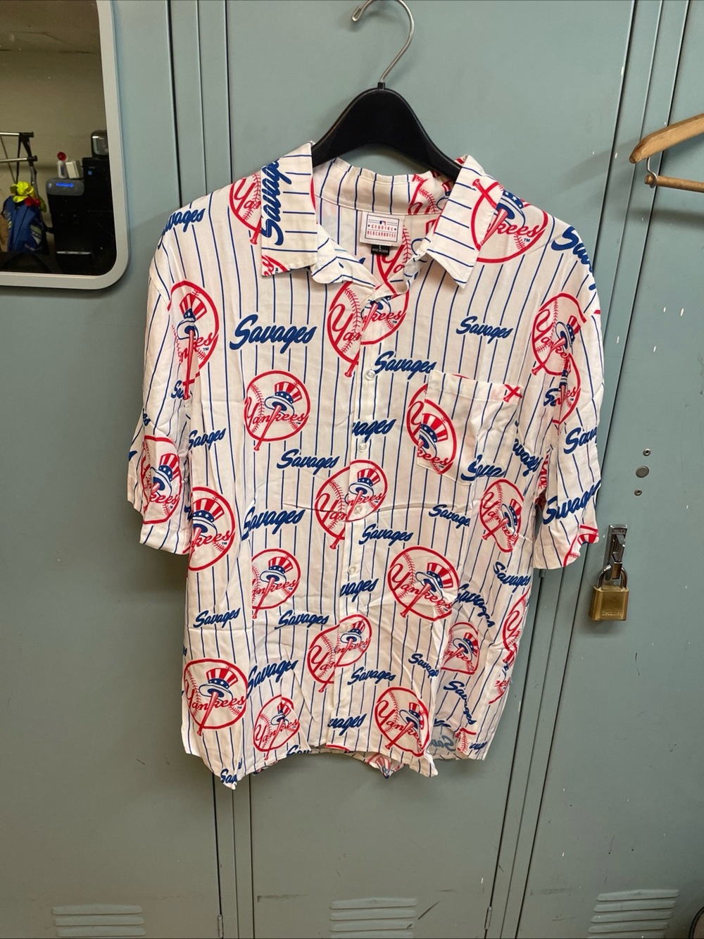 MLB NY Yankees  Savages White Button-Down Shirt with Red & Blue Logo Print